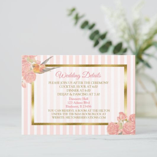 ピンクと金ゴールドの花と結婚鳥の詳細カード エンクロージャーカード (スタンド正面)