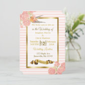 ピンクと金ゴールドの花と鳥結婚式招待状 招待状 (スタンド正面)