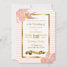 ピンクと金ゴールドの花と鳥結婚式招待状