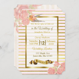 ピンクと金ゴールドの花と鳥結婚式招待状 招待状