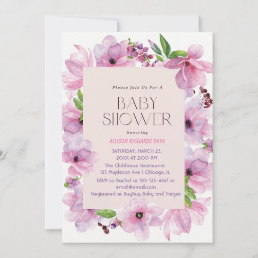 ピンクと金ゴールドの花カラフル 招待状 (正面)