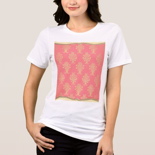 ピンクと金ゴールドの花柄 トライブレンドＴシャツ (正面)