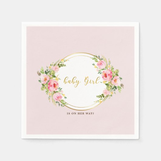 ピンクと金ゴールドの花赤ちゃん女の子の赤ちゃんシャワー スタンダードカクテルナプキン (正面)