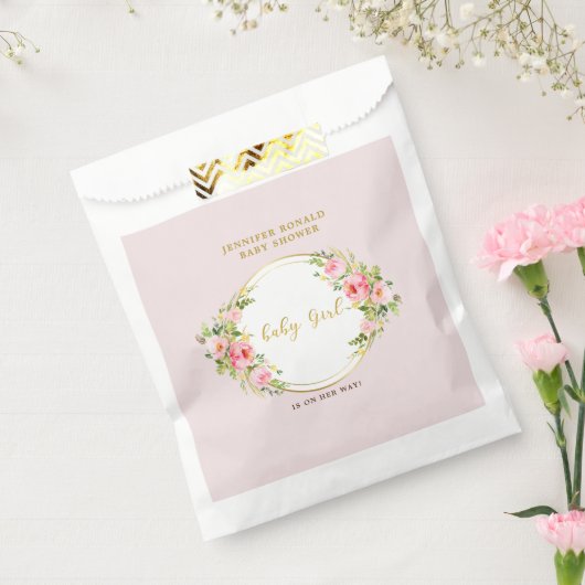ピンクと金ゴールドの花赤ちゃん女の子の赤ちゃんシャワー フェイバーバッグ (封をした状態)