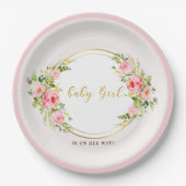 ピンクと金ゴールドの花赤ちゃん女の子の赤ちゃんシャワー ペーパープレート (正面)
