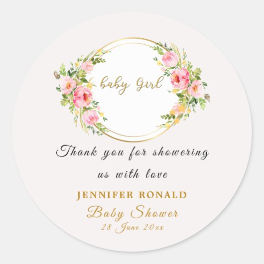 ピンクと金ゴールドの花赤ちゃん女の子の赤ちゃんシャワー ラウンドシール (正面)