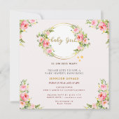 ピンクと金ゴールドの花赤ちゃん女の子の赤ちゃんシャワー 招待状 (正面)