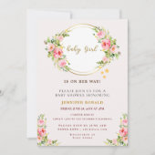 ピンクと金ゴールドの花赤ちゃん女の子の赤ちゃんシャワー 招待状 (正面)
