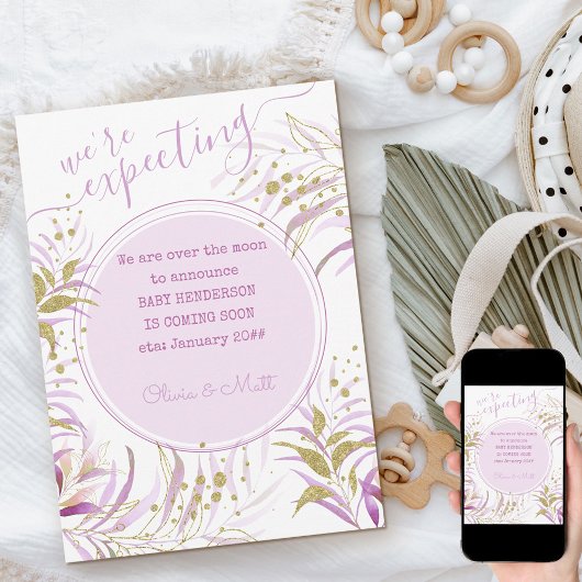 ピンクと金ゴールドの葉の妊娠を期待していた 案内状
