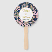 ピンクと金ゴールドの葉熱帯のネイビー結婚ブルー ハンドファン (裏面)