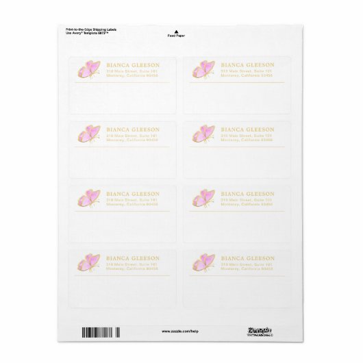 ピンクと金ゴールドの蝶のエレガント出荷 ラベル (フルシート)