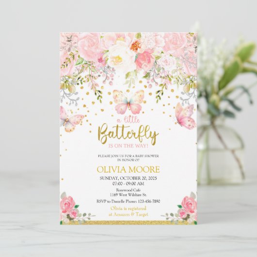 ピンクと金ゴールドの蝶の赤ちゃんシャワーの招待状 招待状 (スタンド正面)