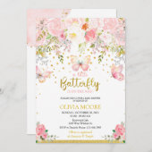 ピンクと金ゴールドの蝶の赤ちゃんシャワーの招待状 招待状 (正面/裏面)