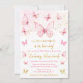 ピンクと金ゴールドの蝶の赤ちゃんシャワー 招待状 (正面)