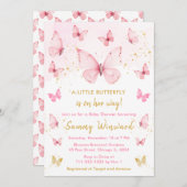 ピンクと金ゴールドの蝶の赤ちゃんシャワー 招待状 (正面/裏面)