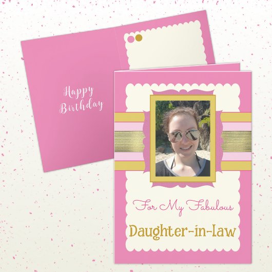 ピンクと金ゴールドの誕生日に写真の娘を追加 カード