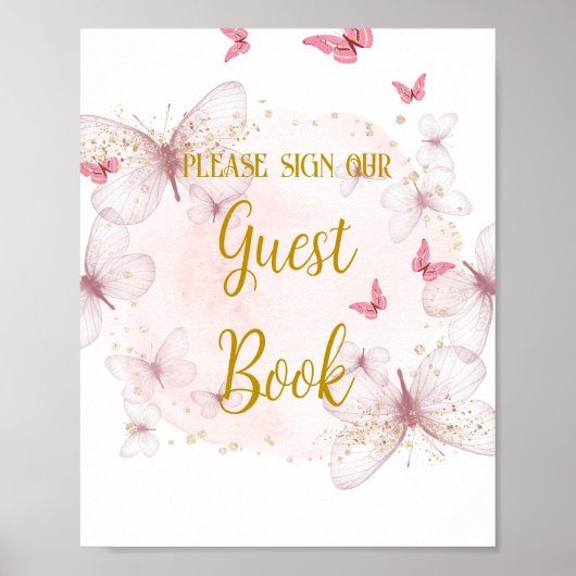 ピンクと金ゴールドの誕生日ゲストブックテーブルサイン ポスター (正面)