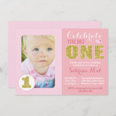 ピンクと金ゴールドの誕生日パーティーの招待 招待状 (正面/裏面)