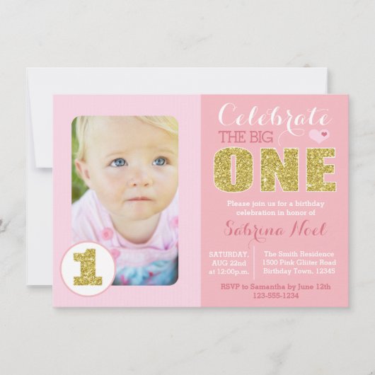 ピンクと金ゴールドの誕生日パーティーの招待 招待状 (正面)