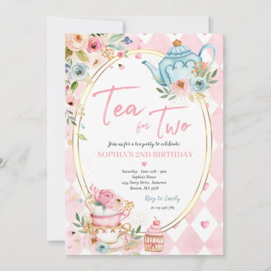 ピンクと金ゴールドの誕生日パーティー用フローラ 招待状 (正面)