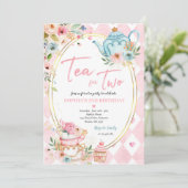 ピンクと金ゴールドの誕生日パーティー用フローラ 招待状 (スタンド正面)