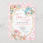 ピンクと金ゴールドの誕生日パーティー用フローラ 招待状 (正面/裏面)