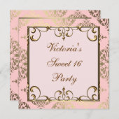 ピンクと金ゴールドの誕生日パーティー 招待状 (正面/裏面)