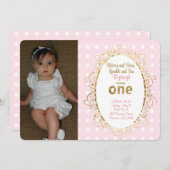 ピンクと金ゴールドの誕生日招待状 | リボンと湾曲形 招待状 (正面/裏面)