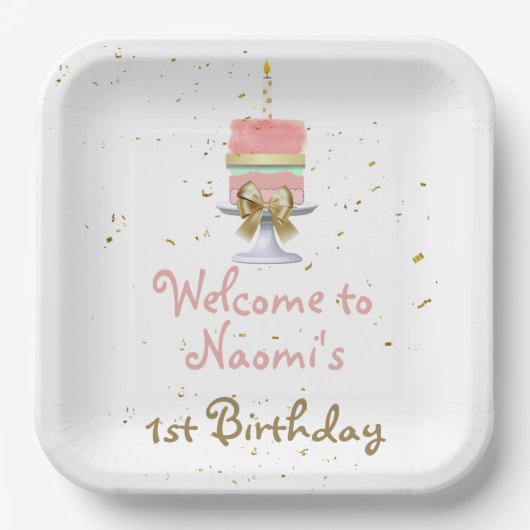 ピンクと金ゴールドの誕生日 ペーパープレート (正面)