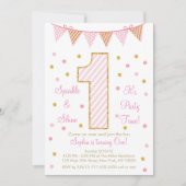 ピンクと金ゴールドの誕生日 招待状 (正面)