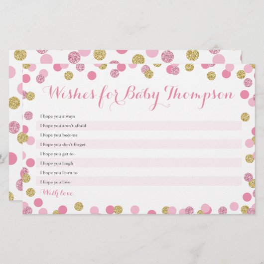 ピンクと金ゴールドの赤ちゃんシャワーがベビーカードを願う (正面/裏面)