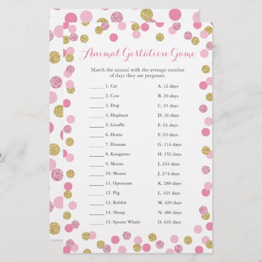 ピンクと金ゴールドの赤ちゃんシャワー動物妊娠ゲーム (正面/裏面)