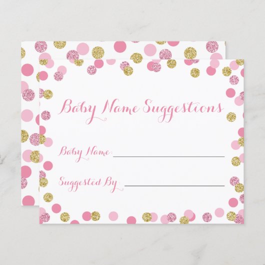 ピンクと金ゴールドの赤ちゃんシャワー名提案カード (正面/裏面)