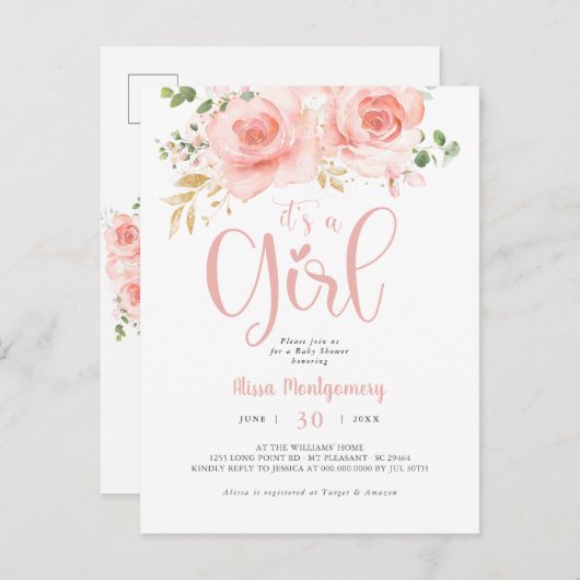 ピンクと金ゴールドの赤ちゃんシャワー女の子はがき ポストカード (正面/裏面)