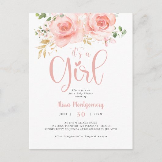 ピンクと金ゴールドの赤ちゃんシャワー女の子はがき ポストカード (正面)