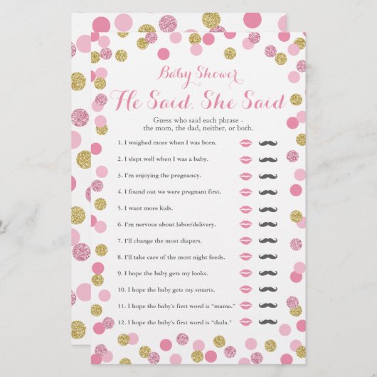 ピンクと金ゴールドの赤ちゃんシャワー彼は彼女はゲームを言った (正面/裏面)