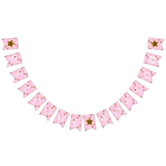 ピンクと金ゴールドの赤ちゃんシャワー歓迎の世界のフットプリント バンティングフラッグ (全)