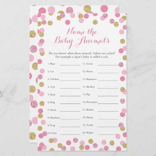 ピンクと金ゴールドの赤ちゃんシャワー赤ちゃん動物の名前ゲーム (正面/裏面)