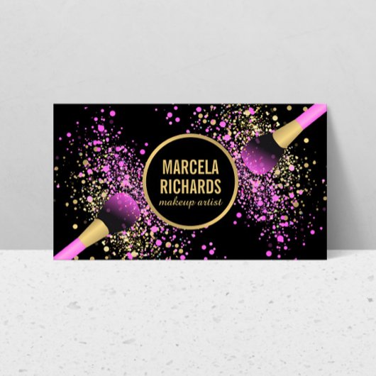 ピンクと金ゴールドの赤面紙吹雪メイクアップアーティスト 名刺