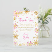 ピンクと金ゴールドの雪片の冬の誕生日パーティー サンキューカード (スタンド正面)