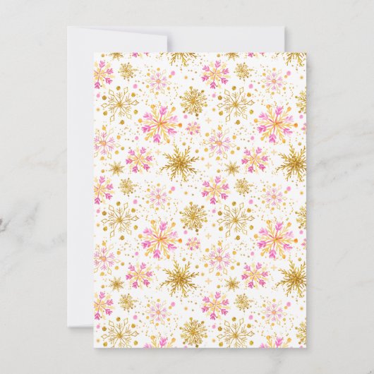 ピンクと金ゴールドの雪片の冬の誕生日パーティー サンキューカード (裏面)