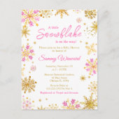 ピンクと金ゴールドの雪片の冬の赤ちゃんシャワー ポストカード (正面)