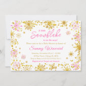 ピンクと金ゴールドの雪片の冬の赤ちゃんシャワー 招待状 (正面)