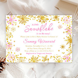 ピンクと金ゴールドの雪片の冬の赤ちゃんシャワー 招待状