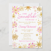 ピンクと金ゴールドの雪片の冬の赤ちゃんシャワー 招待状 (正面)