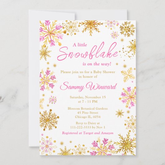ピンクと金ゴールドの雪片の冬の赤ちゃんシャワー 招待状 (正面)