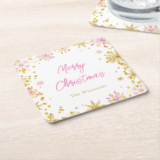 ピンクと金ゴールドの雪片クリスマスパーティー スクエアペーパーコースター (アングル)