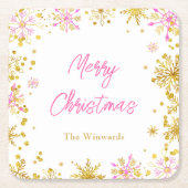 ピンクと金ゴールドの雪片クリスマスパーティー スクエアペーパーコースター (正面)