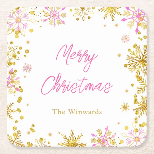 ピンクと金ゴールドの雪片クリスマスパーティー スクエアペーパーコースター (正面)