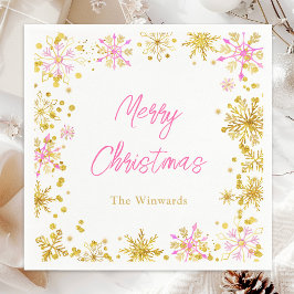 ピンクと金ゴールドの雪片クリスマスパーティー スタンダードカクテルナプキン